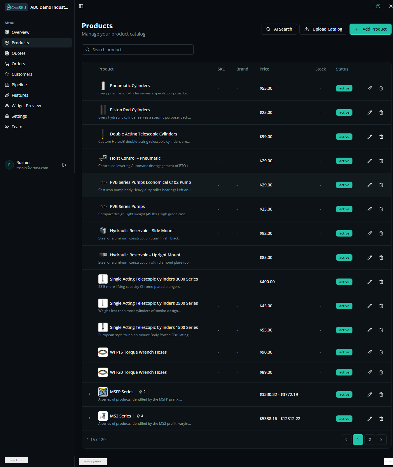 Products dashboard screenshot