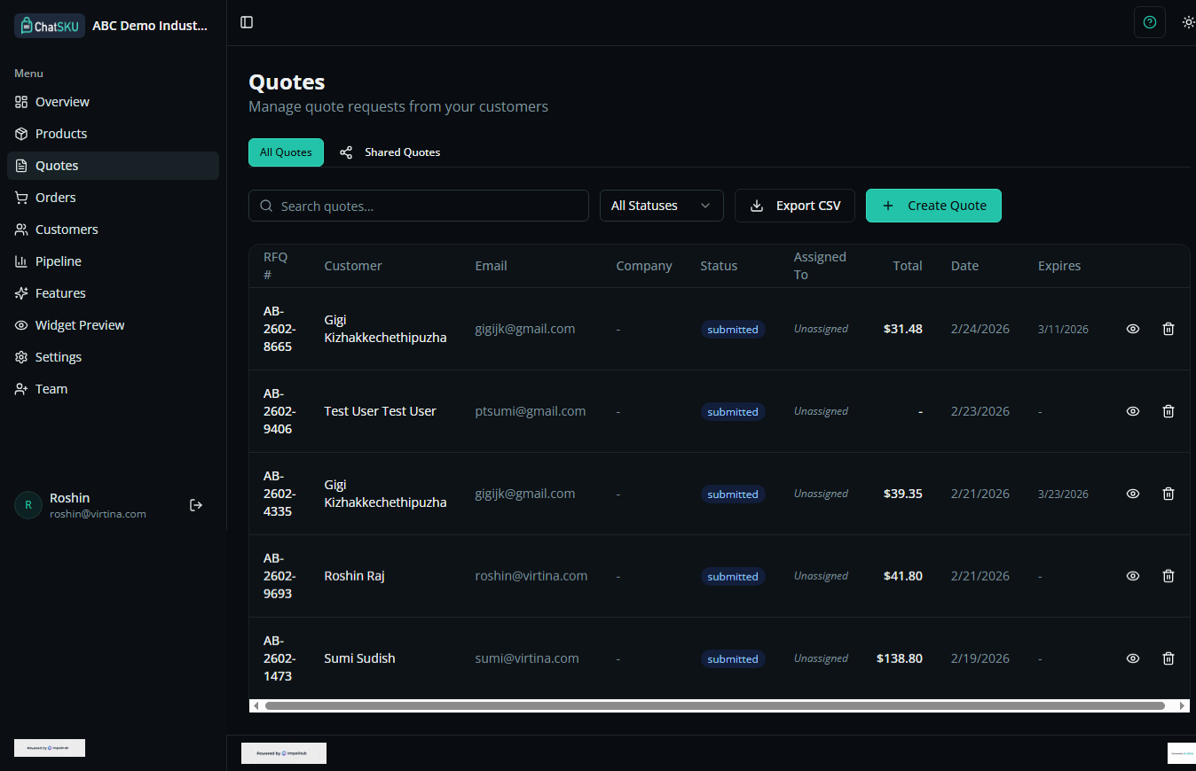 Quotes dashboard screenshot