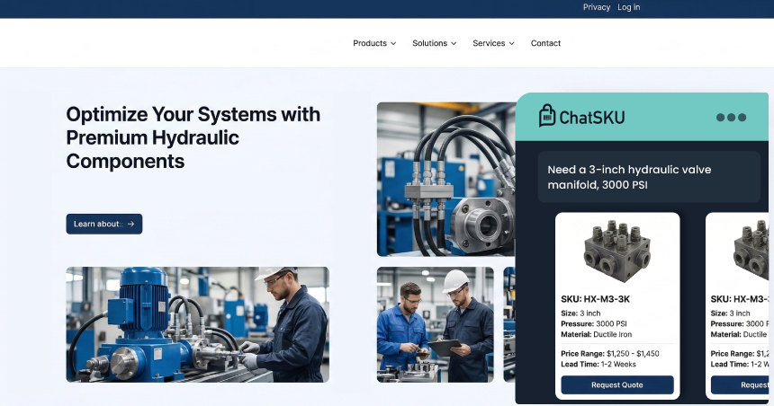 B2B website with an embedded AI chat catalog showing SKU results, specs, and a request-quote button.