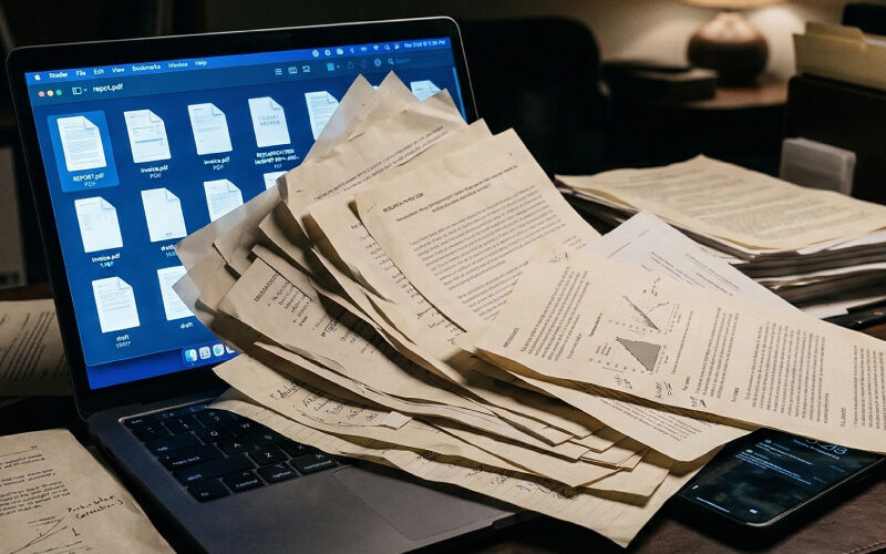Hundreds of paper-like PDF catalog pages spilling out of a laptop and covering the keyboard and nearby phone, illustrating how static PDF catalogs overwhelm B2B product search.