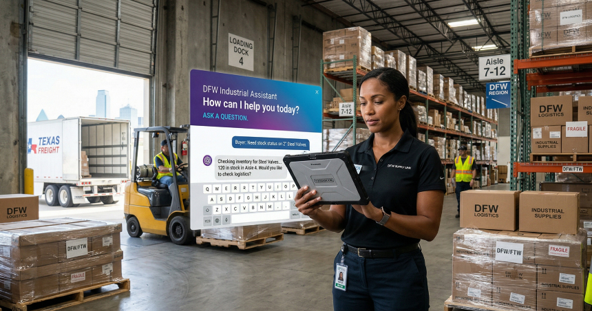 AI chatbot inviting a Dallas Fort Worth industrial buyer to ask about products pricing an