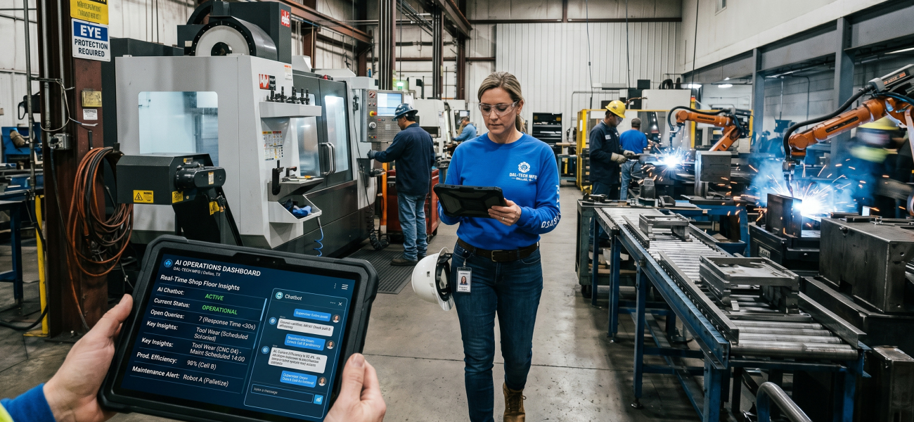 AI chatbot dashboard helping a Dallas manufacturer manage operations and support workflows