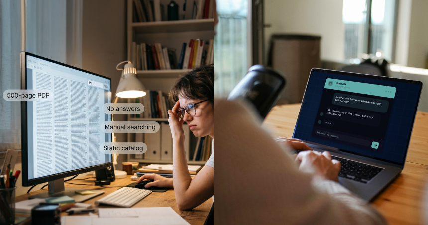 A split-screen visual showing the difference between a static PDF catalog and ChatSKU’s conversational experience.