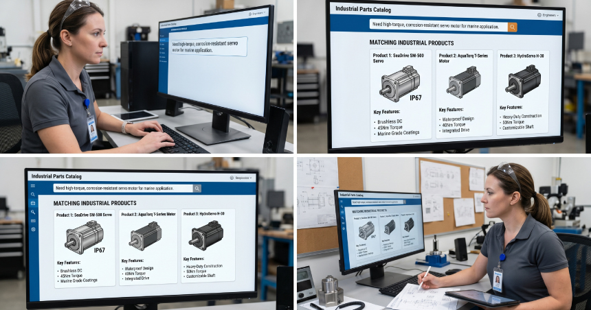 Engineer using an AI-powered industrial parts catalog to receive intelligent product recommendations for servo motors and industrial equipment based on application requirements.