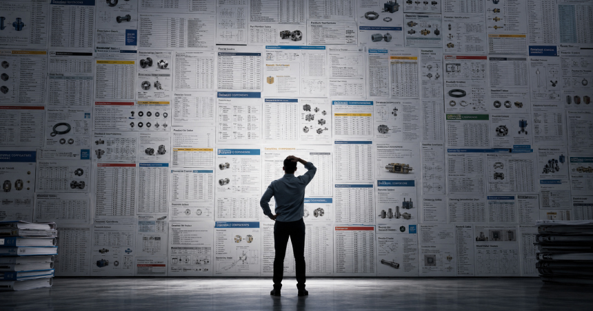 B2B buyer overwhelmed by a massive wall of industrial catalog pages while searching for product specifications, compatibility, and technical information.