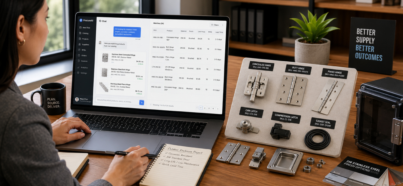 Procurement manager using AI-powered product search software to compare industrial hardware components, enclosure accessories, hinges, latches, and stainless steel parts for manufacturing and supply chain sourcing.