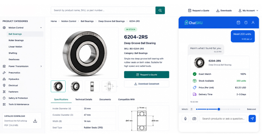 AI-powered B2B product catalog with conversational search, real-time inventory, pricing, specifications, and instant quote assistance for industrial buyers.