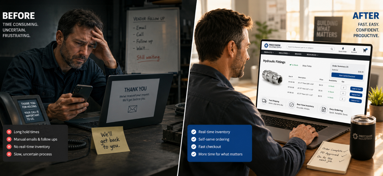 B2B buyer experience before and after self-service ordering with real-time inventory and quote-to-order automation.