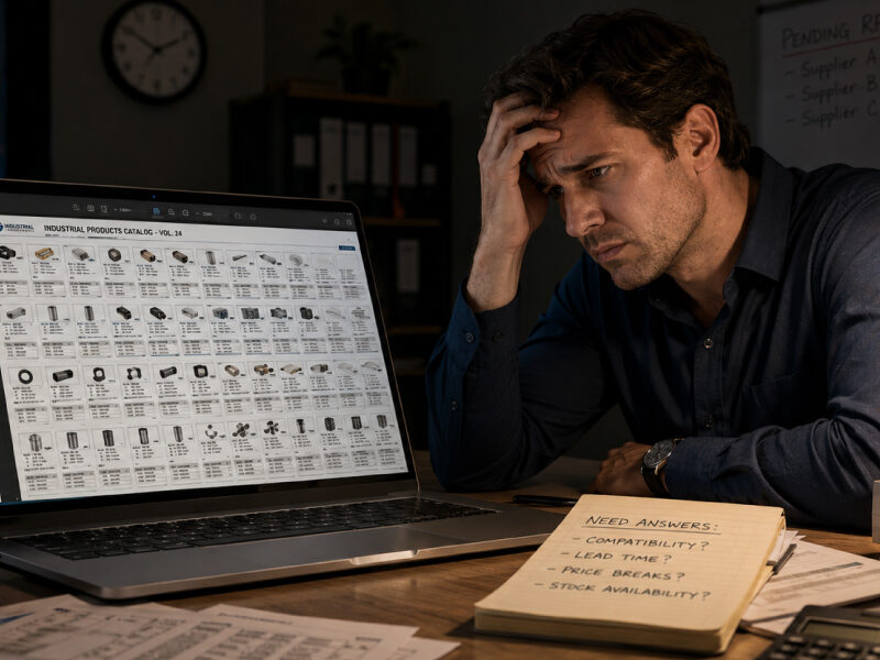 Frustrated B2B procurement manager struggling with a large industrial product catalog while searching for compatibility, pricing, lead times, and stock availability.