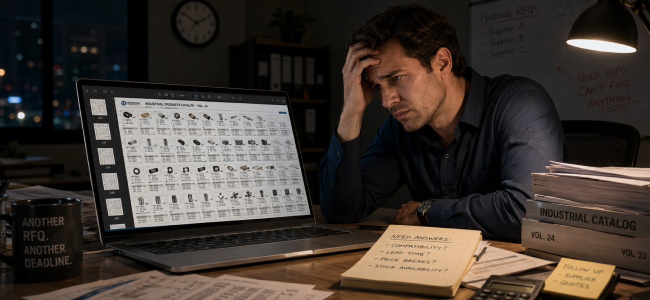 Frustrated B2B procurement manager struggling with a large industrial product catalog while searching for compatibility, pricing, lead times, and stock availability.
