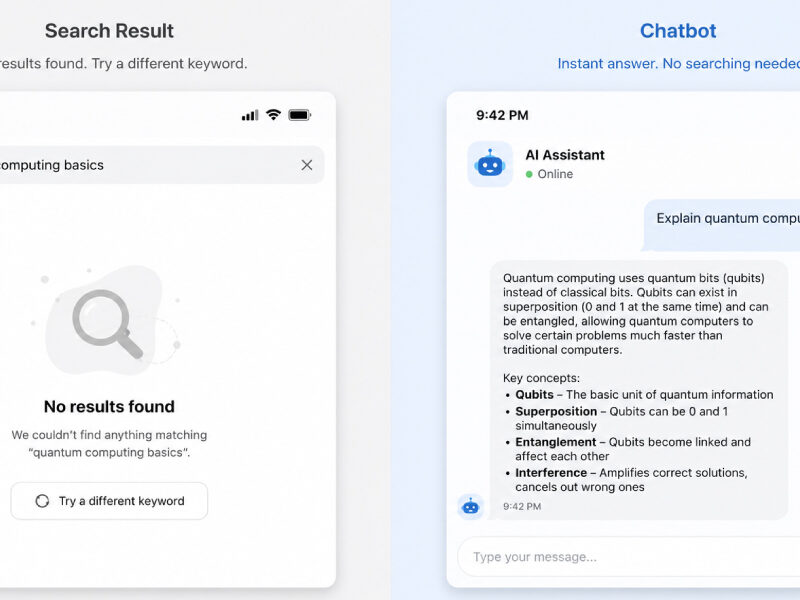 AI chatbot answering product query instantly compared to empty search result page showing no results found for same keyword