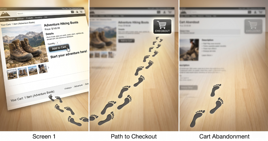 alt="Three-panel eCommerce checkout journey illustration showing footprints walking from product page to checkout and stopping at cart abandonment stage