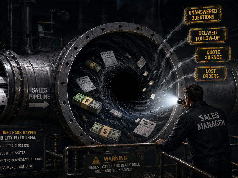 Industrial sales pipeline visualized as a black hole swallowing quotes, purchase orders, and revenue, illustrating B2B sales pipeline leakage caused by unanswered questions, delayed follow-ups, quote silence, and lost orders.