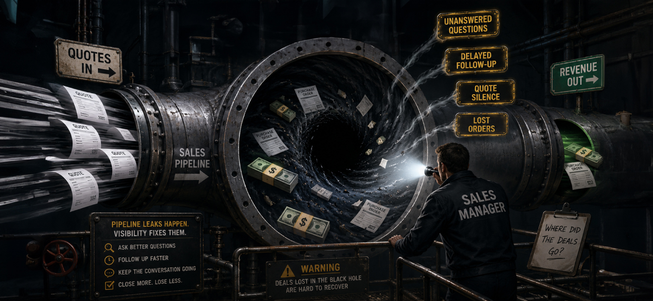 Industrial sales pipeline visualized as a black hole swallowing quotes, purchase orders, and revenue, illustrating B2B sales pipeline leakage caused by unanswered questions, delayed follow-ups, quote silence, and lost orders.