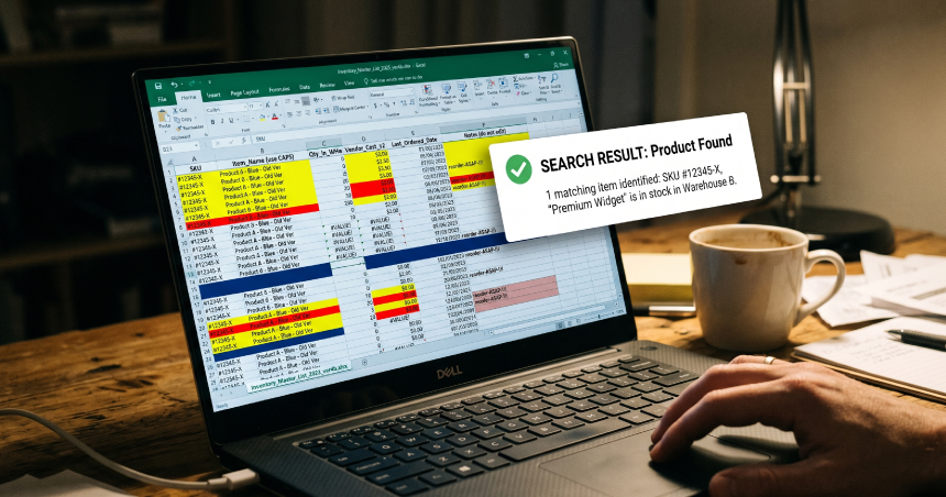 Product catalog data stored in an Excel spreadsheet transformed into searchable inventory results, showing instant SKU lookup and product discovery for B2B ecommerce and industrial catalog websites.