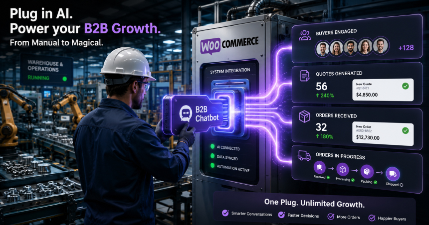 WooCommerce AI chatbot seamlessly integrated with a B2B manufacturing ecommerce store, automating customer conversations, generating quotes, increasing orders, and accelerating business growth.