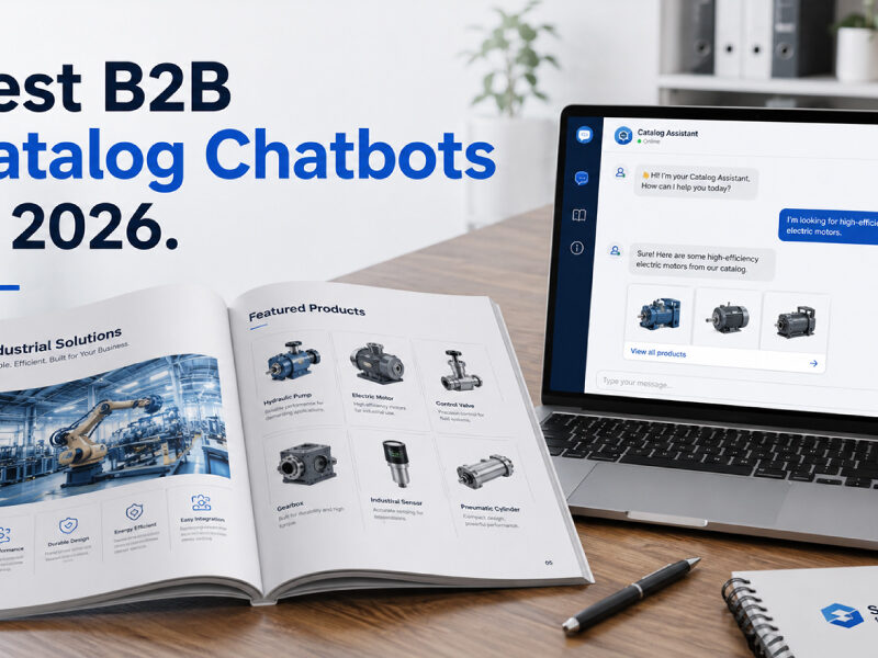 Best B2B catalog chatbot interface on laptop with industrial product catalog brochure, showcasing AI-powered product search, automation, and manufacturing solutions for businesses in 2026.