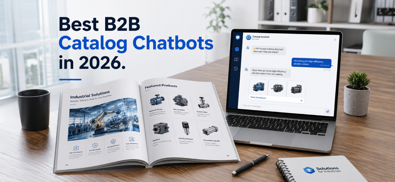 Best B2B catalog chatbot interface on laptop with industrial product catalog brochure, showcasing AI-powered product search, automation, and manufacturing solutions for businesses in 2026.