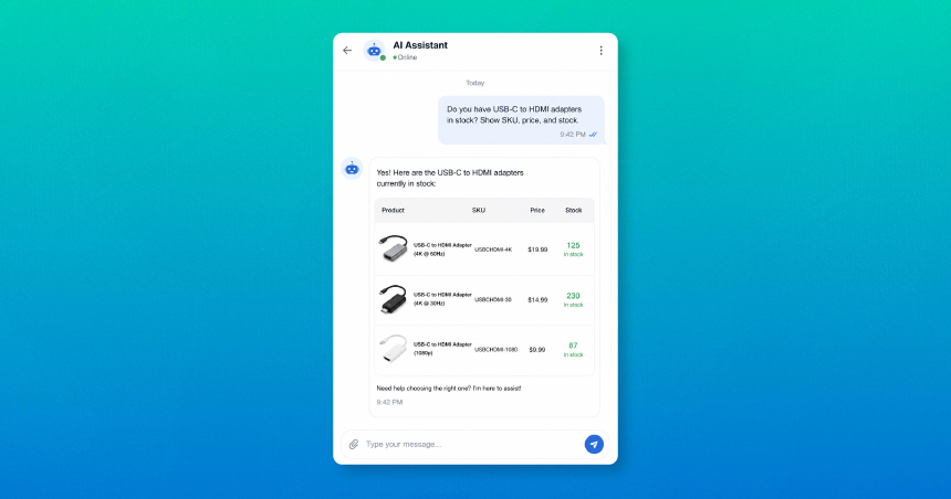 AI catalog chatbot showing USB-C to HDMI adapter inventory with SKU, price, and stock levels in a conversational chat interface