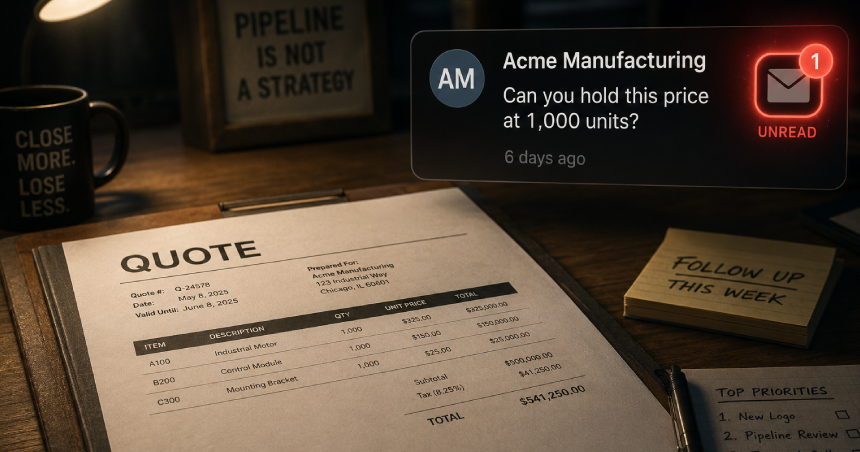 Industrial B2B sales quote document on a desk with an unread customer pricing inquiry notification, highlighting delayed quote follow-up, RFQ management challenges, and quote-to-order automation opportunities for manufacturers.