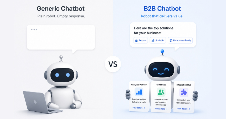 Alt Text: Generic chatbot with empty response versus B2B chatbot delivering structured product solutions with analytics, CRM, and integration features