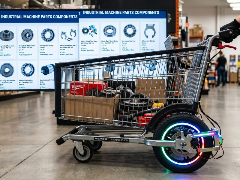 Industrial shopping cart with glowing LED wheels loaded with Milwaukee tools in hardware store, with digital catalog display showing industrial machine parts components