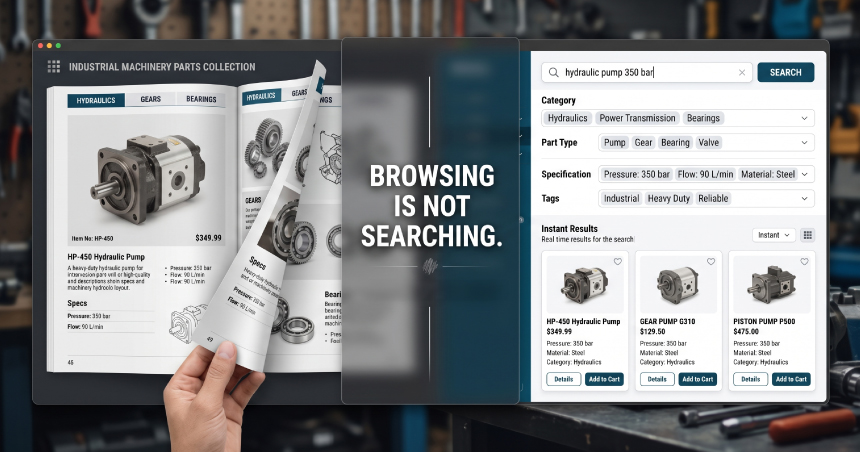 Industrial machinery parts search platform showing hydraulic pump catalog, advanced product filters, and instant search results for industrial equipment components.