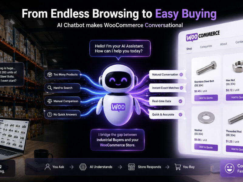 AI chatbot for WooCommerce helping industrial B2B buyers find products instantly through conversational commerce, replacing manual product browsing with fast product search, exact matches, and quote requests