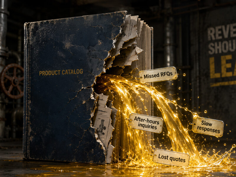 Cracked industrial product catalog leaking golden liquid with labels for missed RFQs, lost quotes, after-hours inquiries, and slow responses, illustrating revenue leakage and sales inefficiencies.