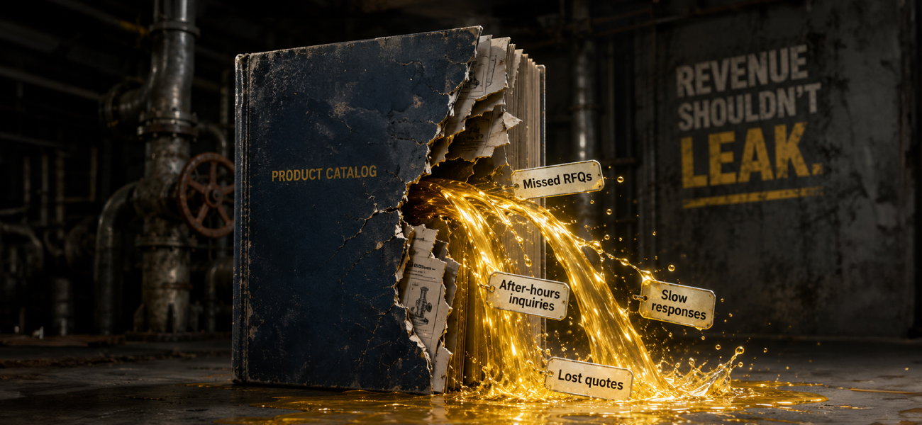 Cracked industrial product catalog leaking golden liquid with labels for missed RFQs, lost quotes, after-hours inquiries, and slow responses, illustrating revenue leakage and sales inefficiencies.
