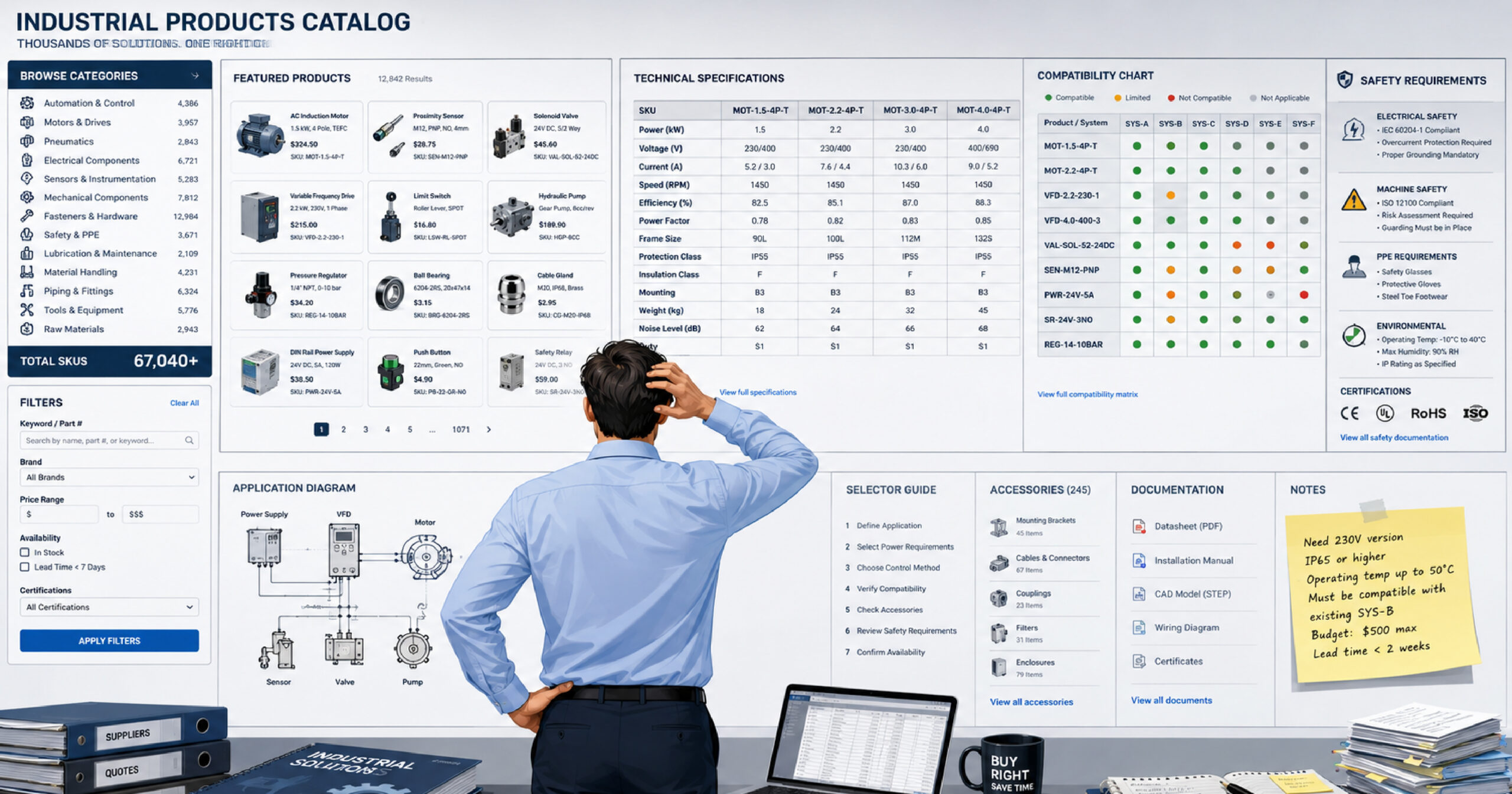Buyer navigating a complex industrial products catalog with thousands of SKUs, specifications, and compatibility requirements.