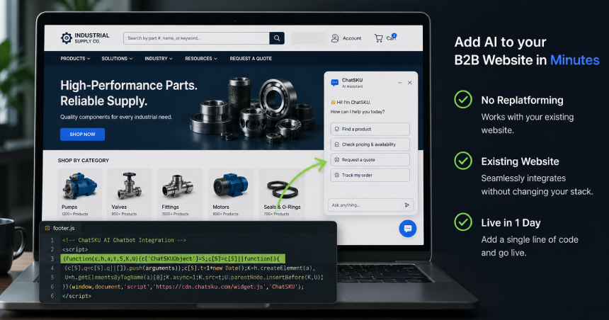 ChatSKU AI chatbot integrated into a B2B ecommerce website, enabling product search, customer-specific pricing, quote requests, and order tracking with a simple one-line installation.