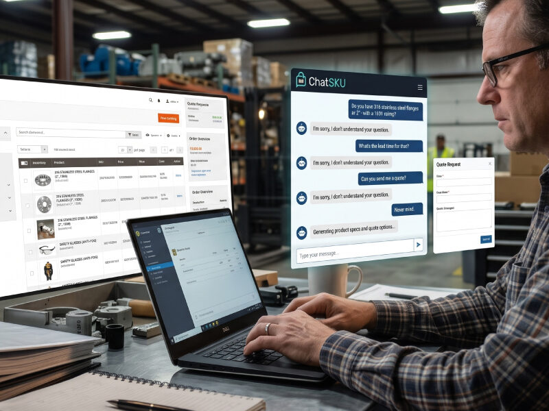 Procurement manager using an Adobe Commerce B2B dashboard with the ChatSKU AI assistant to check product availability, request quotes, answer product questions, and streamline purchasing in a warehouse environment.