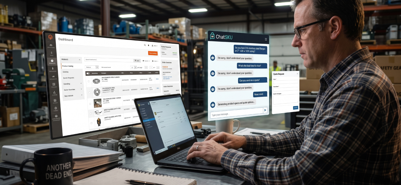 Procurement manager using an Adobe Commerce B2B dashboard with the ChatSKU AI assistant to check product availability, request quotes, answer product questions, and streamline purchasing in a warehouse environment.