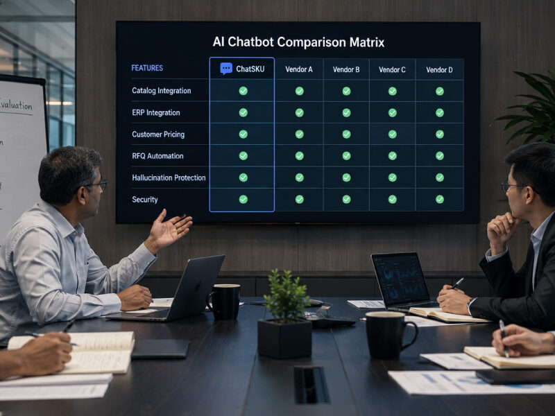 Procurement team evaluating AI chatbot vendors in a conference room using a comparison matrix for B2B ecommerce, ERP integration, customer pricing, RFQ automation, and catalog search solutions.