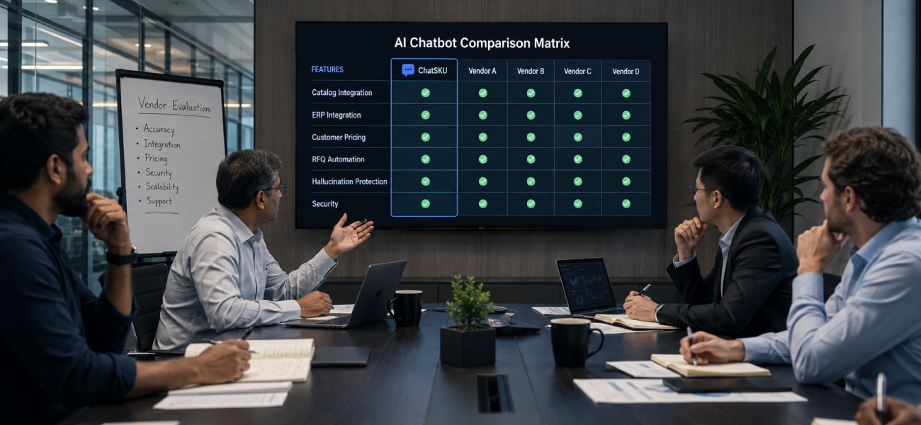 Procurement team evaluating AI chatbot vendors in a conference room using a comparison matrix for B2B ecommerce, ERP integration, customer pricing, RFQ automation, and catalog search solutions.