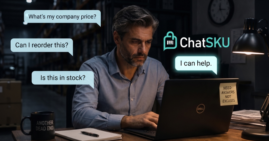 Procurement manager using ChatSKU AI assistant on a laptop to check company-specific pricing, reorder products, verify inventory availability, and streamline B2B purchasing with conversational commerce.