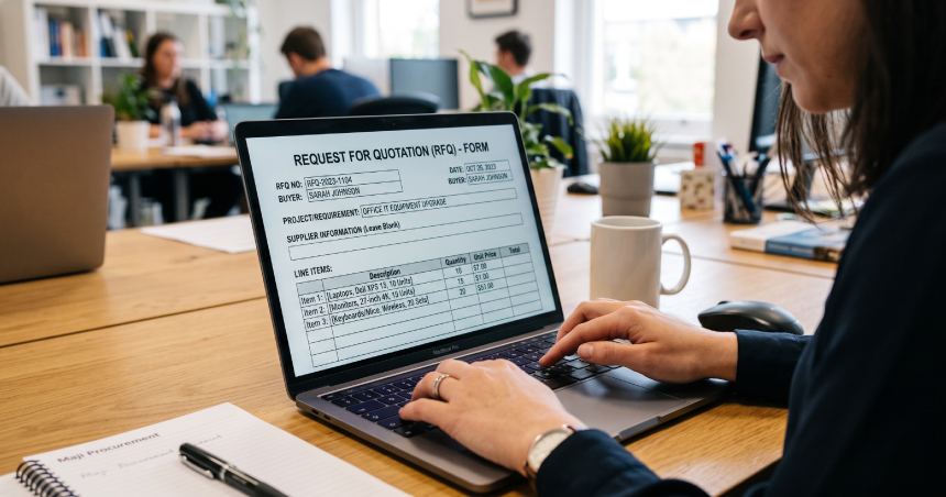 Buyer filling out an online RFQ form on a laptop to request supplier quotes for office equipment procurement in a modern business environment