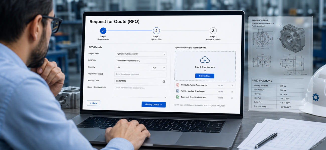 Engineer submitting an RFQ with CAD drawings and technical specifications using a digital request for quote form for industrial manufacturing components