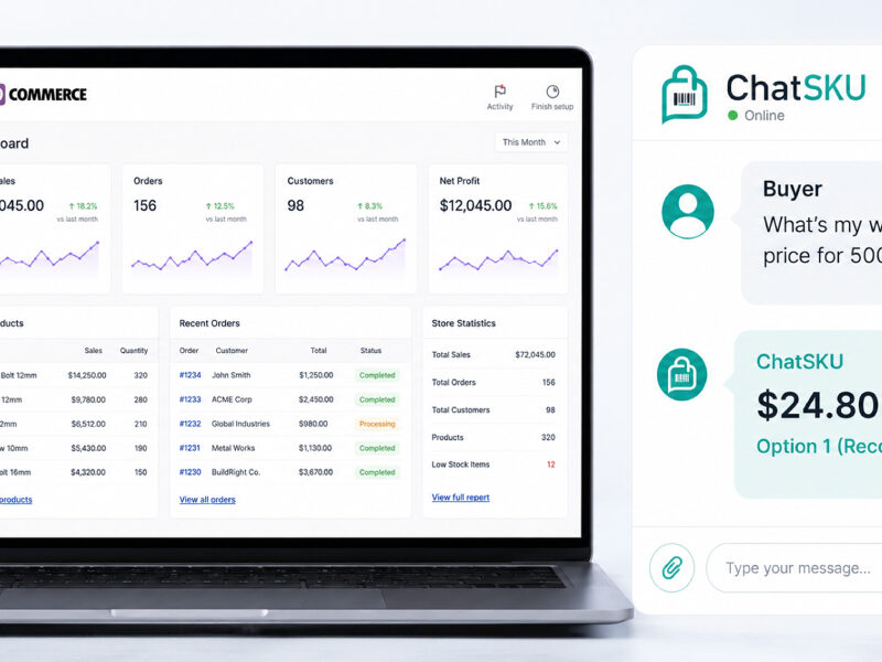 WooCommerce dashboard with ChatSKU AI assistant providing instant wholesale pricing for a buyer inquiry