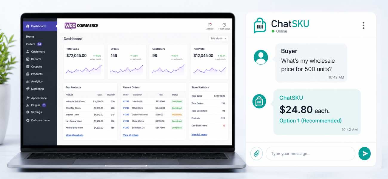 WooCommerce dashboard with ChatSKU AI assistant providing instant wholesale pricing for a buyer inquiry