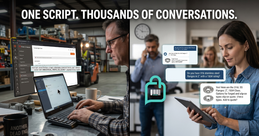 Split-screen showing ChatSKU AI for Adobe Commerce B2B stores. Left: one script integrates ChatSKU into an online product catalog. Right: a buyer uses conversational AI to find stainless steel flanges, compare product options, and request a quote instantly.