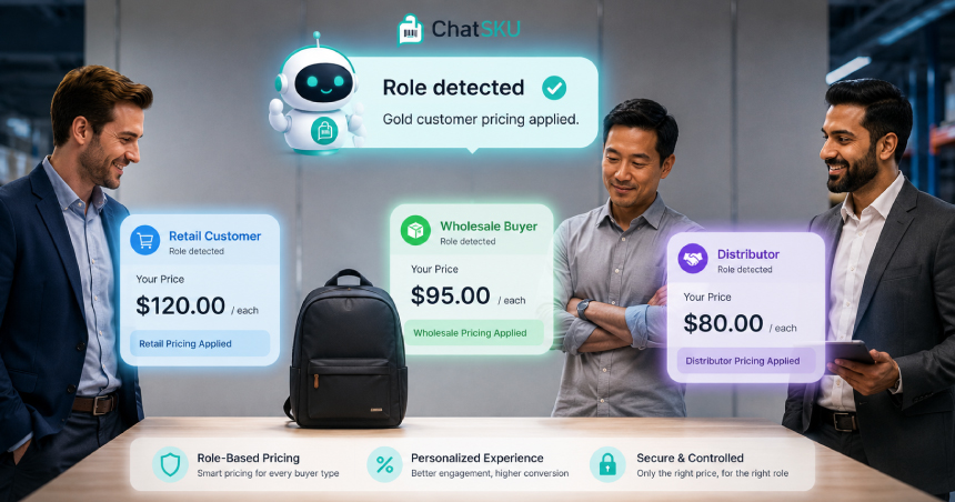 ChatSKU AI chatbot displaying role-based pricing for retail customers, wholesale buyers, and distributors in a WooCommerce store