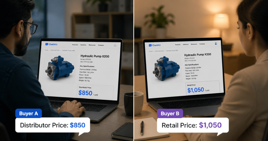 Two B2B buyers viewing personalized product pricing on ChatSKU, showing distributor pricing and retail pricing for the same hydraulic pump based on customer-specific pricing rules.