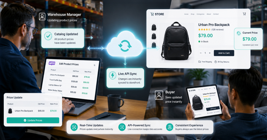 Warehouse manager updating WooCommerce product prices with real-time API sync to an ecommerce storefront using ChatSKU