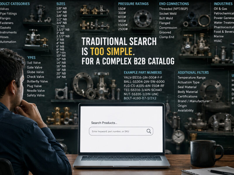 B2B buyer staring at a laptop screen illustrating how traditional search is too simple for complex industrial B2B catalogs.