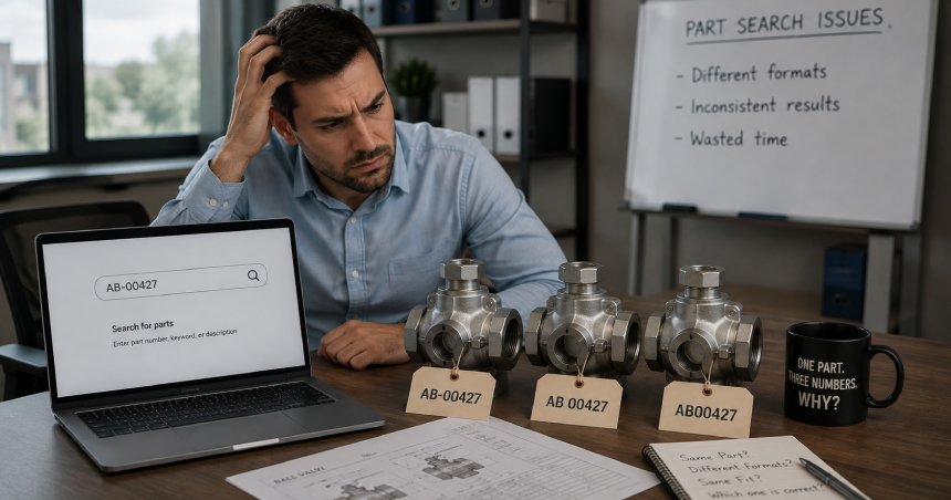 Frustrated B2B buyer searching for industrial parts online while dealing with inconsistent part number formats.