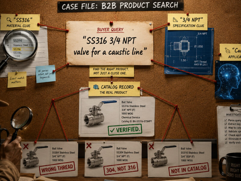 Detective investigating a B2B product search case, using AI to match a buyer's natural language query, specifications, and part number with the exact product in a catalog.