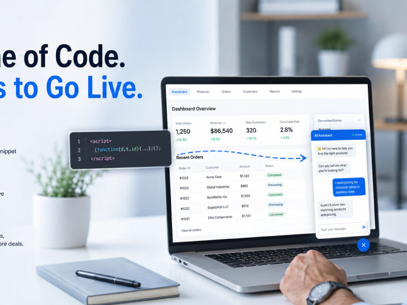 Business owner adding one line of code to install an AI chatbot on a website