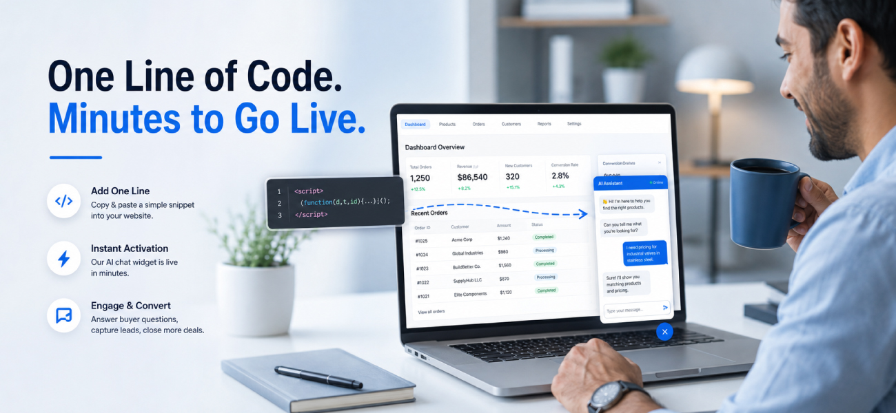 Business owner adding one line of code to install an AI chatbot on a website